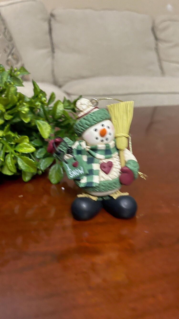 Snowman Ornament Green and White Checkered Sc